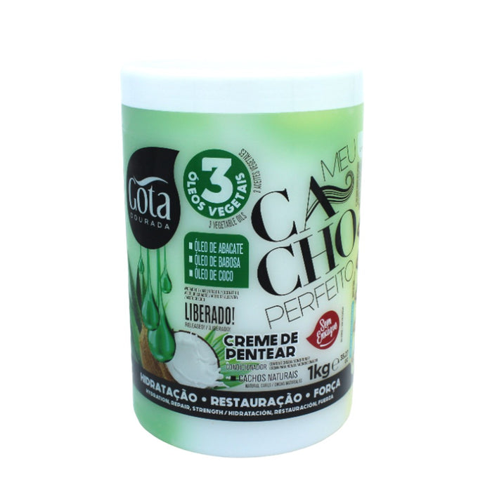 Meu Cacho Perfeito 3 Óleos Vegetais Creme Pentear, Creme de Cabelo, Gota Dourada, 1kg